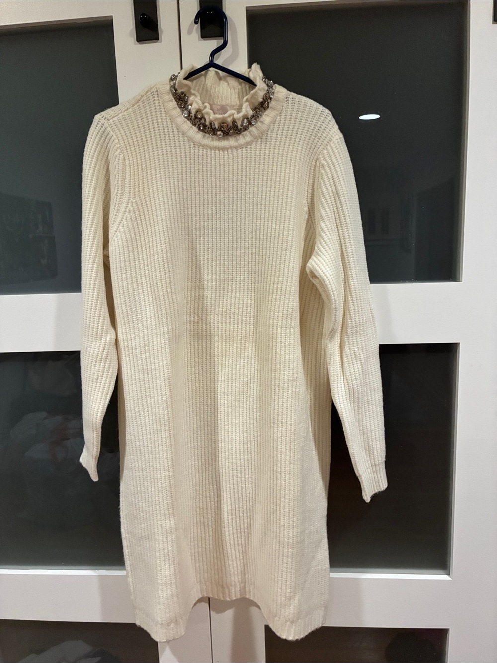 Rachel Parcell Cream Long Sleeve Knit Dress with Ruffle Neck